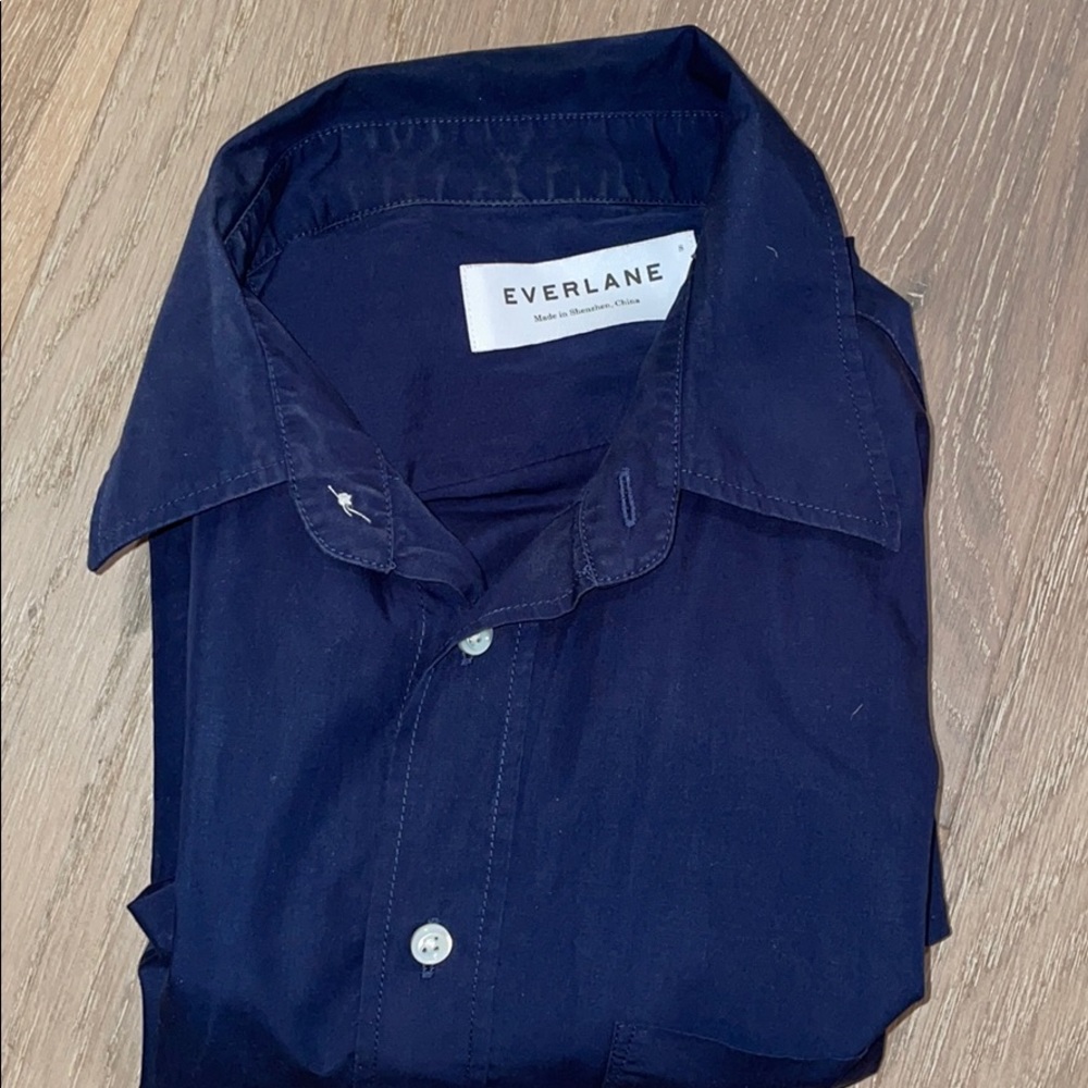 Long sleeve navy blue everlane poplin dress shirt
